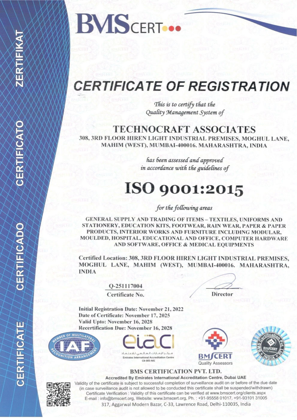 ISO 9001:2015 Certificate — Technocraft Associates