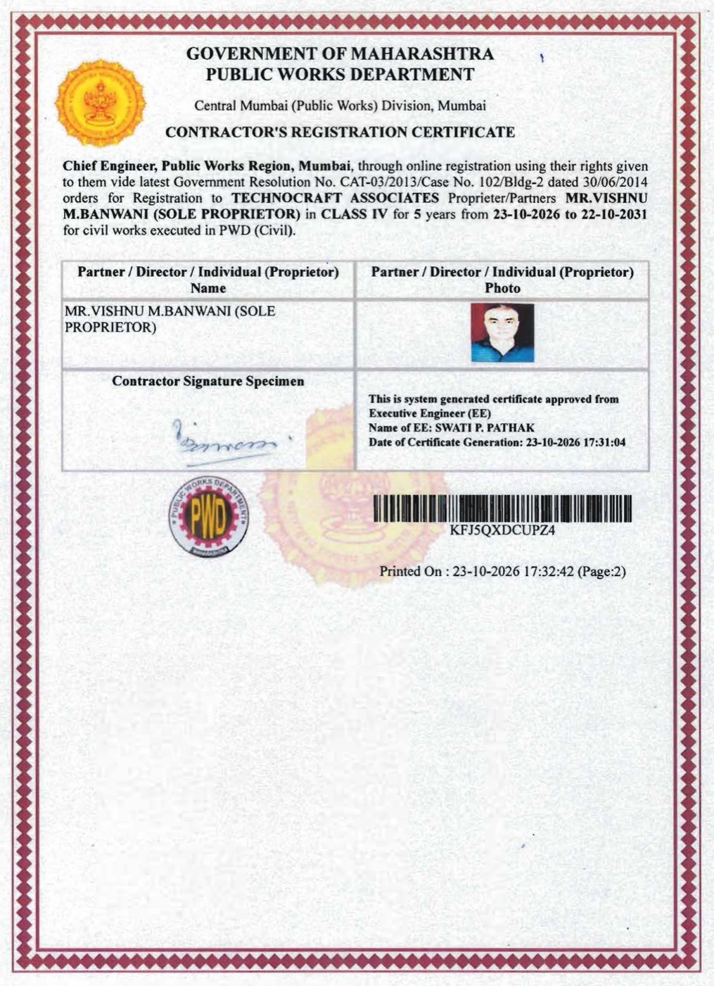 PWD Contractor's Registration Certificate — Government of Maharashtra